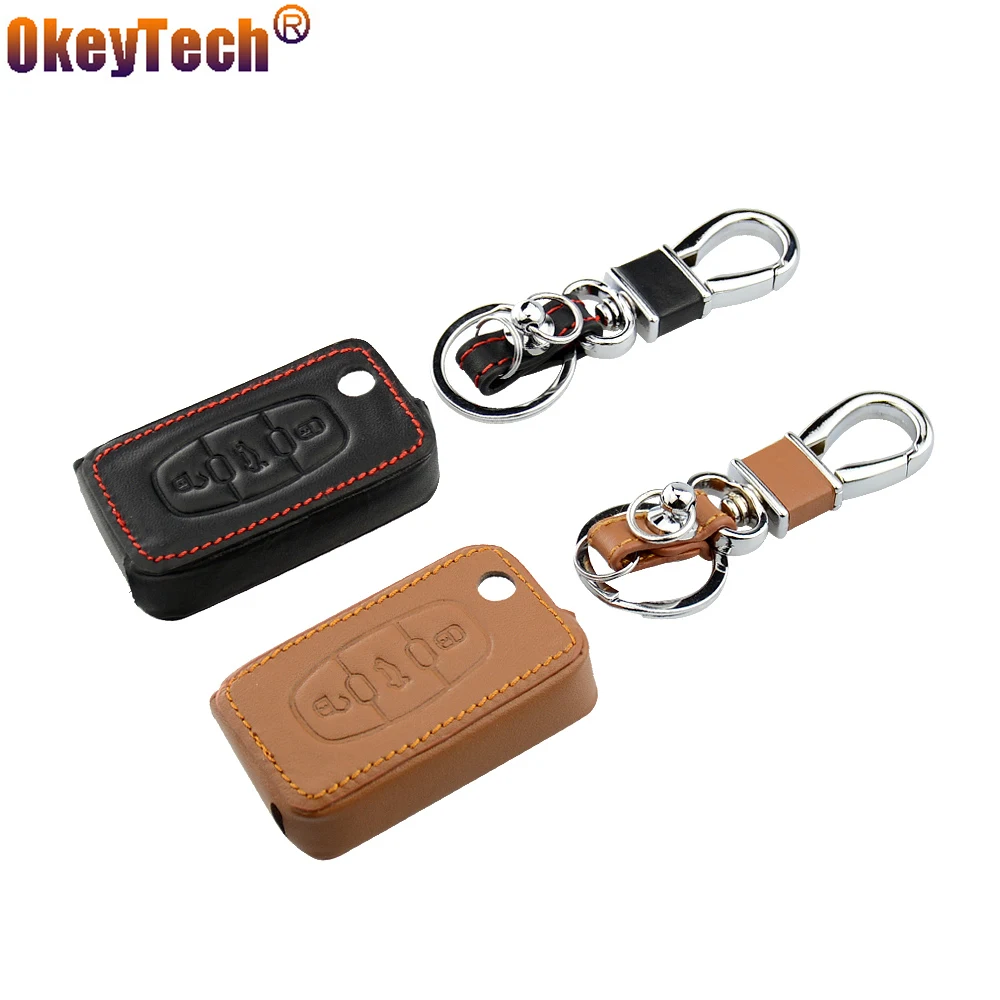 

OkeyTech New Styling Car Leather Key Cover 3 Buttons For Peugeot 407 308 3008 For Citroen Auto Key Protector Cover Free Shipping