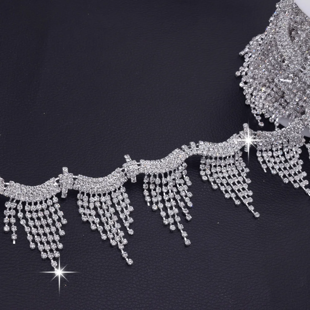 

5yards/lot Crystal waves tassel rhinestone trim for wedding dress belt patches applique handmade silver base chain accessories
