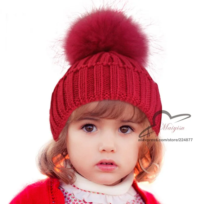Мягкая детская трикотажная шапка с помпонами из норки енота помпон натурального