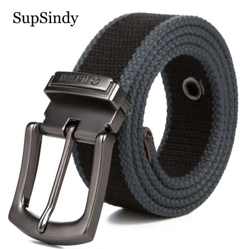 SupSindy Canvas belt men luxury belt metal pin buckle Army tactical belts for Women jeans High quality military strap male Black