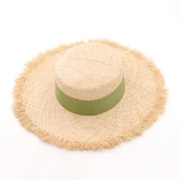 summer wide brim lafite straw hairline flat top eaves straw hat multi color ribbon lafite straw flat top hat beach straw hat