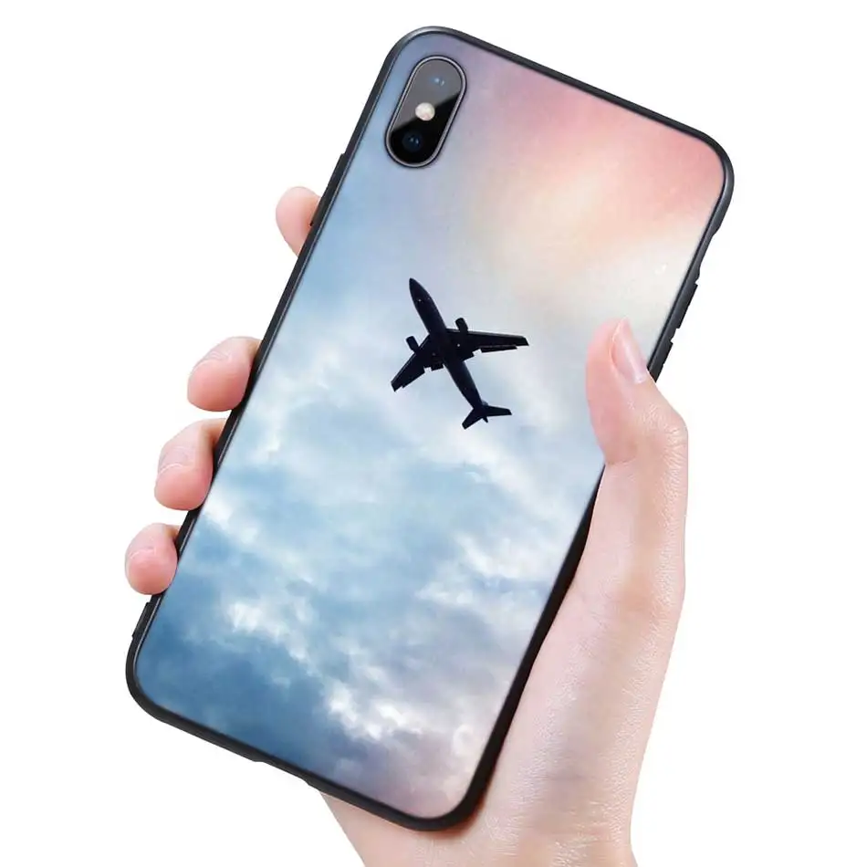 Силиконовый черный чехол для iPhone 11 Pro XR X XS MAX 7 8 6 6S Plus 5 5S SE 7Plus 8Plus мобильный телефон самолет