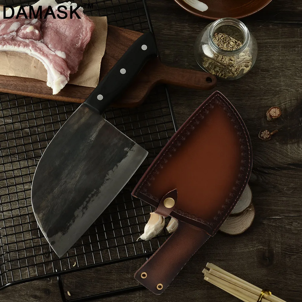 Дамасский настоящий ручной нож для мясника, кованый, из высокоуглеродистой стали, Кливер, острые ножи для нарезки, полное лезвие Тан с оболочкой