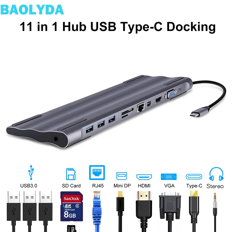 Baolyda USB C док станция Thunderbolt 3 адаптер 11в1 Тип концентратор с HDMI RJ45 VGA USB3.0 все в одном