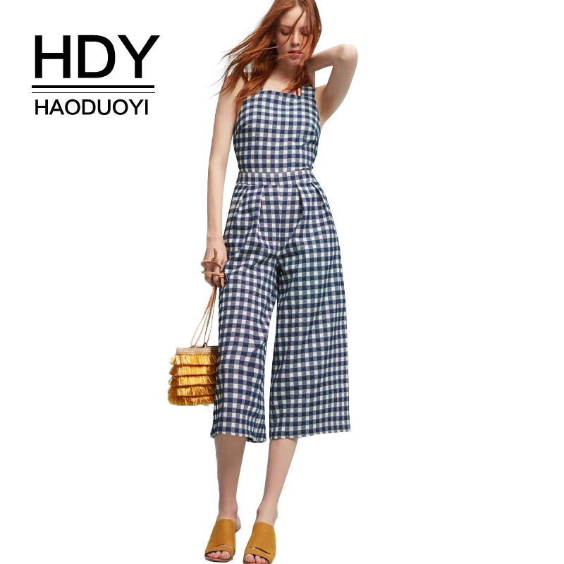 Женский клетчатый комбинезон HDY Haoduoyi белый/синий винтажный без рукавов с