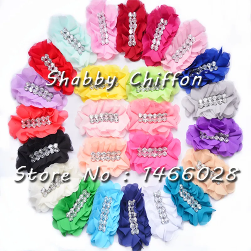 

100 pcs/lot , 12cm rhinestone chiffon flowers, shabby flowers hair accessories headband 25 colors