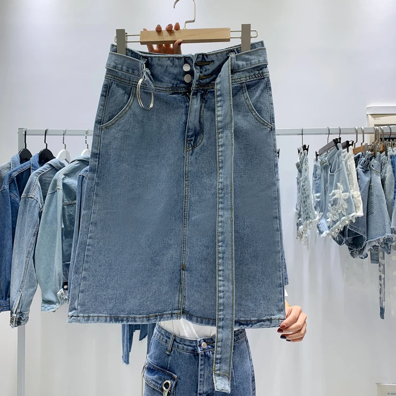 2019 летние модные женские джинсовые юбки с ремнем длиной до колена Женская