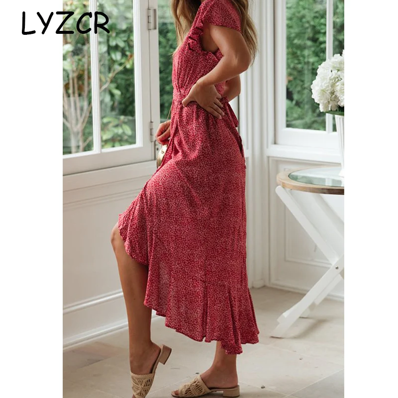 LYZCR женщины Лето В стиле бохо Макси длинное платье вечерние с v-образным вырезом