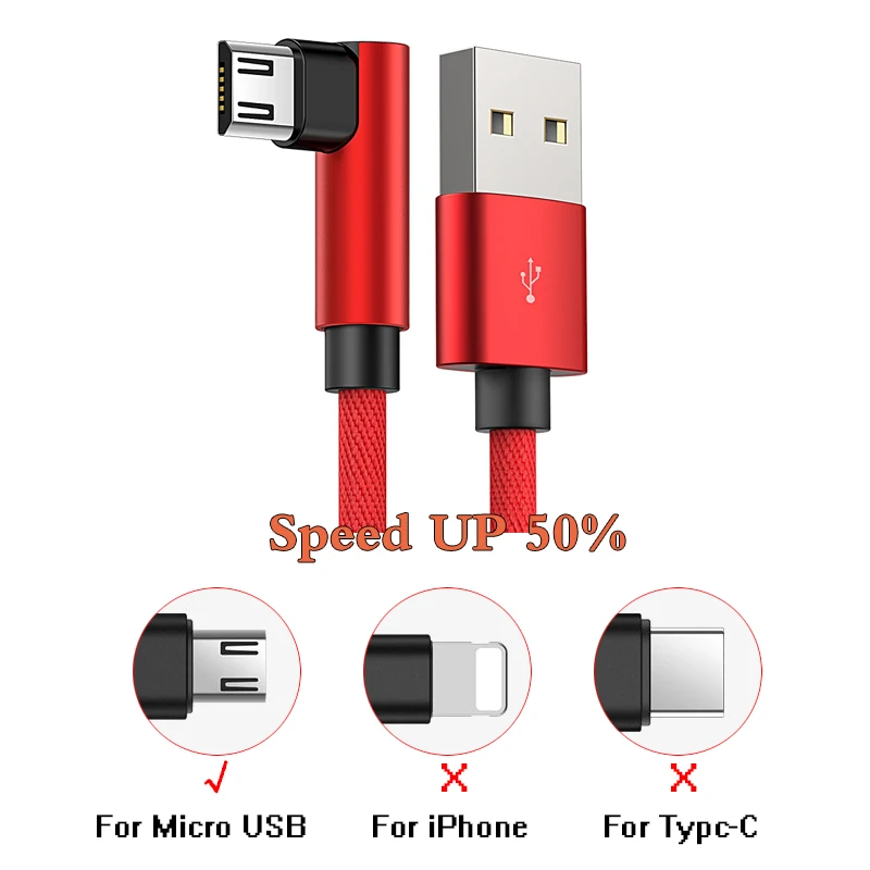 Micro USB кабель 2A быстрое зарядное устройство шнур 90 градусов локтевой нейлоновая