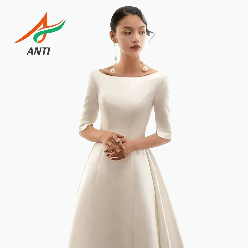 

ANTI Modest Half Sleeve Wedding Dresses Turkey Scoop Satin Muslim A-line Bridal Gown with Bow Special Designs Vestidos de Novia