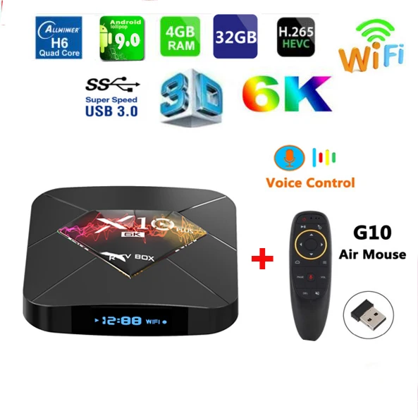 Приставка Смарт ТВ X10 Plus Android 9 0 air mouse Allwinner H6 2 4 ГГц Wi Fi + 32/64 ГБ USB 3 0|ТВ-приставки и