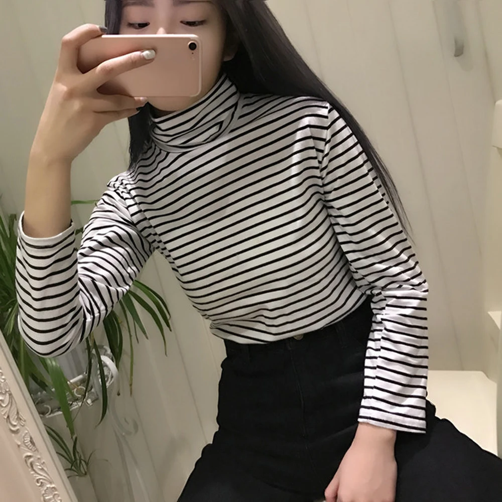 

Striped T-Shirts Women Turtleneck Long Sleeve Cute Loose Tops Student Style Korean Plus Size Autumn Winter Fashion Harajuku New