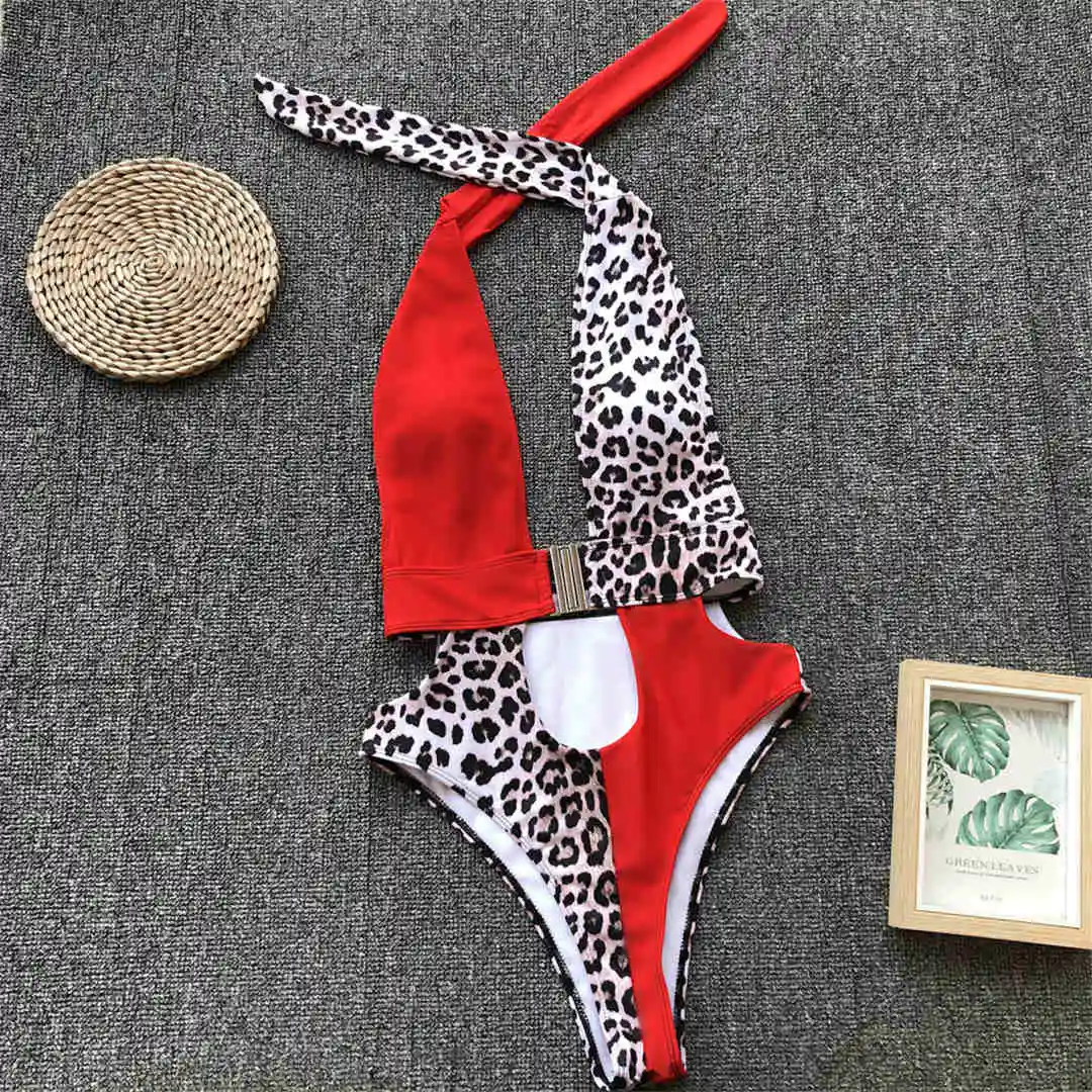 Red Leopard Новинка, женская одежда для плавания, глубокий v-образный вырез, высокая талия, Цельный купальник, женский сексуальный купальник с бретелькой через шею, купальник V1356 - Цвет: Red Leopard