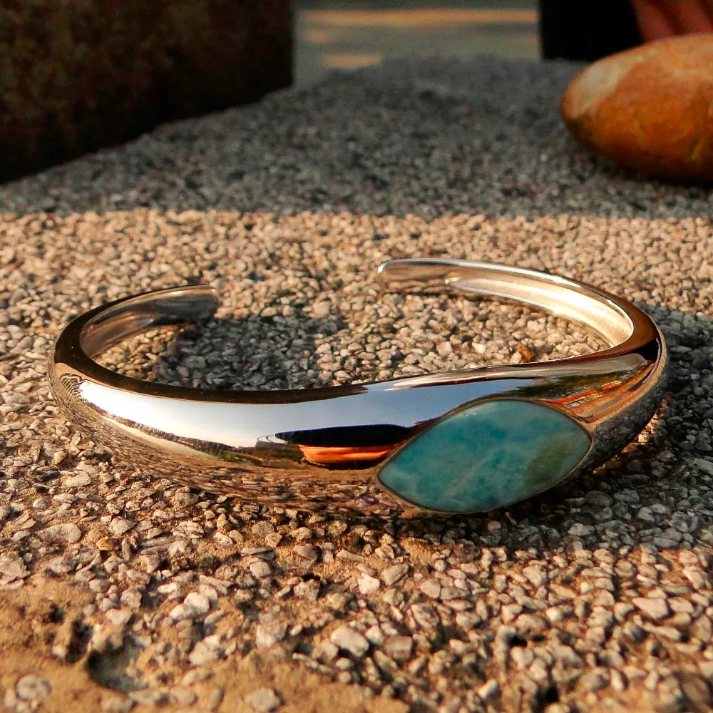 

5pcs Ocean Stone Real Larimar Women Bangle Bracelets in 925 Sterling Silver Wristband Natural Gemstone Fashion Circlet Jewellry