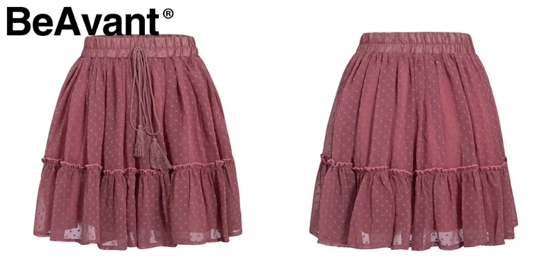 BeAvant Boho летняя плиссированная мини-юбка женская короткая юбка в горошек с высокой талией розовая трапециевидная шифоновая юбка с цветочным принтом и рюшами