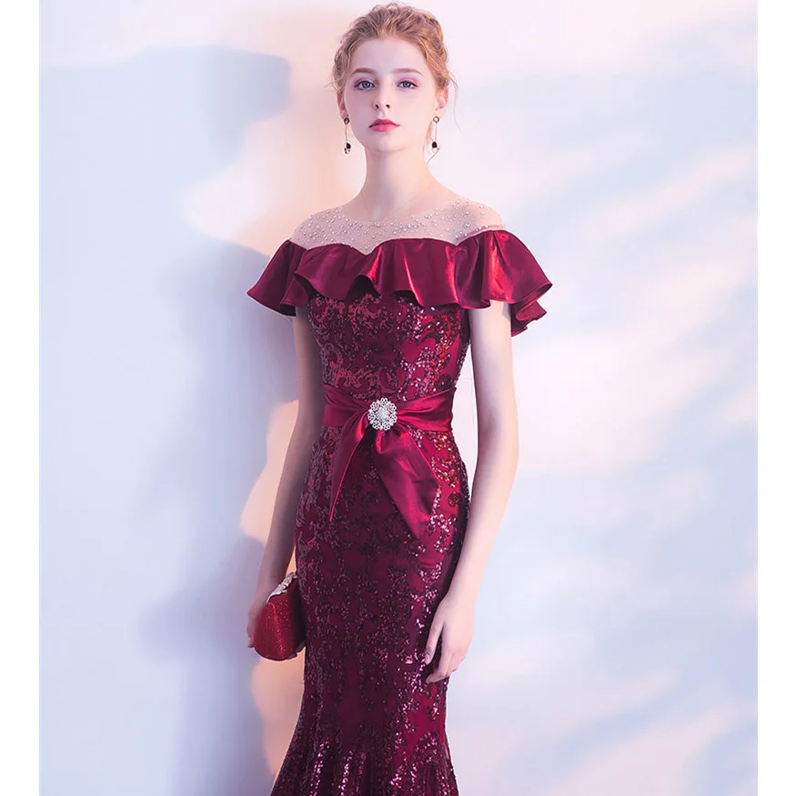 Ceewhy Бургундия оборками Выпускные платья Robe De Soiree блестками вечернее платье