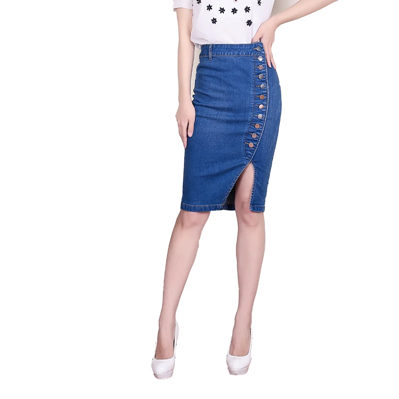

Женская джинсовая юбка до колен, голубая Повседневная плиссированная юбка на пуговицах с высокой талией, летняя юбка-карандаш