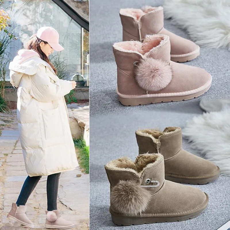 2018 Winter New Student Women's Snow Boots Cotton Faux Fur Ankle Short Flat Heel Black Khaki Pink Girl Female Shoes | Обувь
