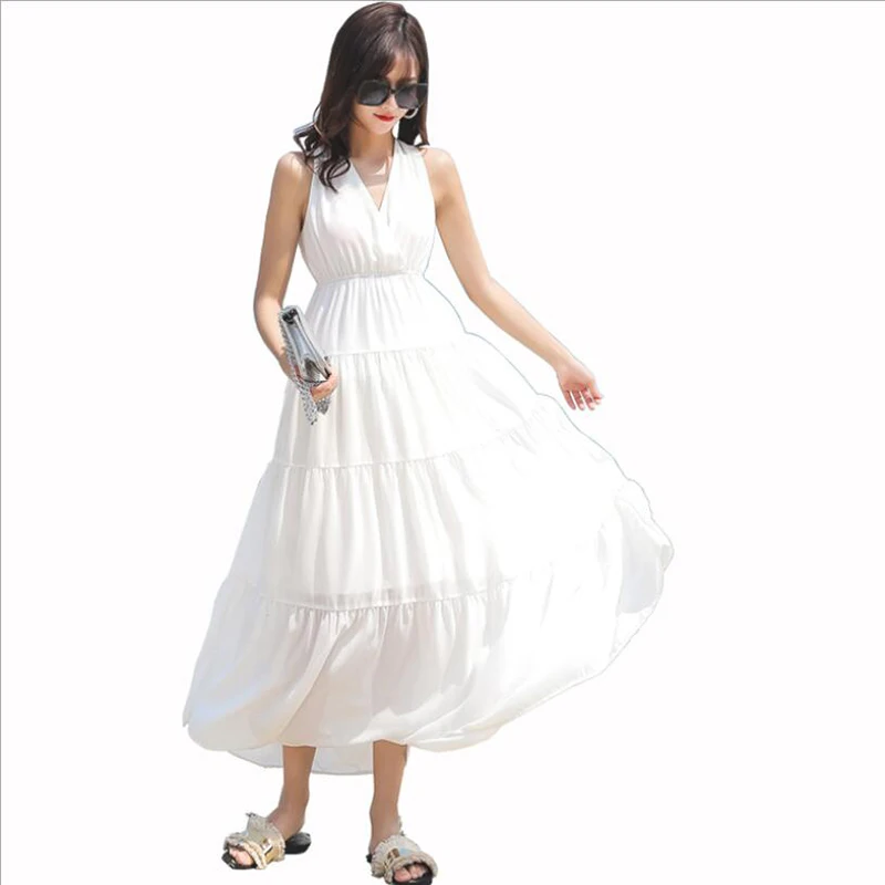 

Women V neck white midi dresses female Stylish and sexy medium length casual dresses 2019 summer beach Flounced vestidos