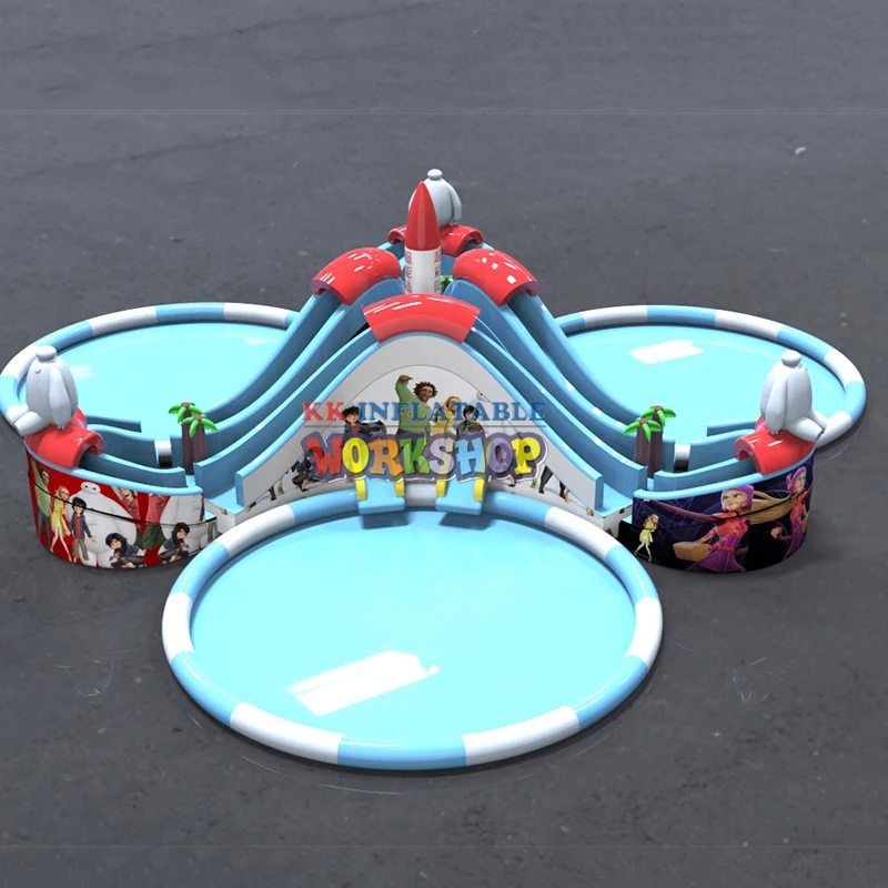 Goedkoop Custom-Made Drie Aantrekkelijke Opblaasbare Glijbanen Met Zwembaden Kids Water Park Te Koop