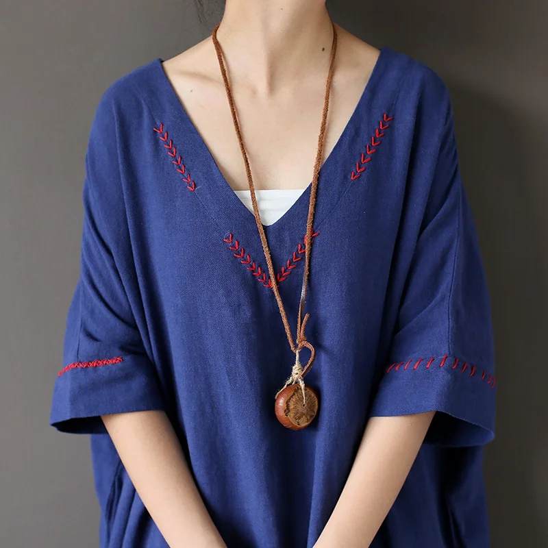 Женское длинное платье с вышивкой и v образным вырезом винтажное свободное