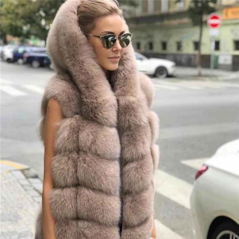 

Natural Fox Fur Vest Hood Women Genuine Fox Fur Sleeveless Hooded Jacket Full Pelt Women Real Fox Fur Gilet with Fur Hood