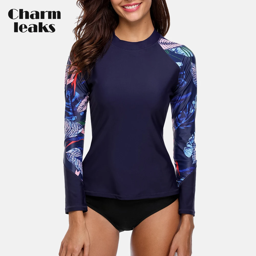 

Charmleaks Women Long Sleeve Rashguard Retro Floral Print Swimsuit Shirts Swimwear Rash Guard UPF50+ Running Shirt Biking Shirts
