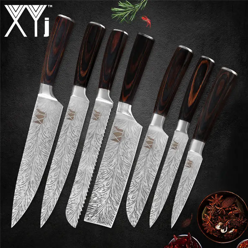 B.7pcs set XYj 8 шт. набор ножей из нержавеющей стали дамасский узор острый 7cr17 лезвие Нескользящая деревянная ручка мясной нож шеф-повара кухонный аксессуар - Цвет: B.7pcs set