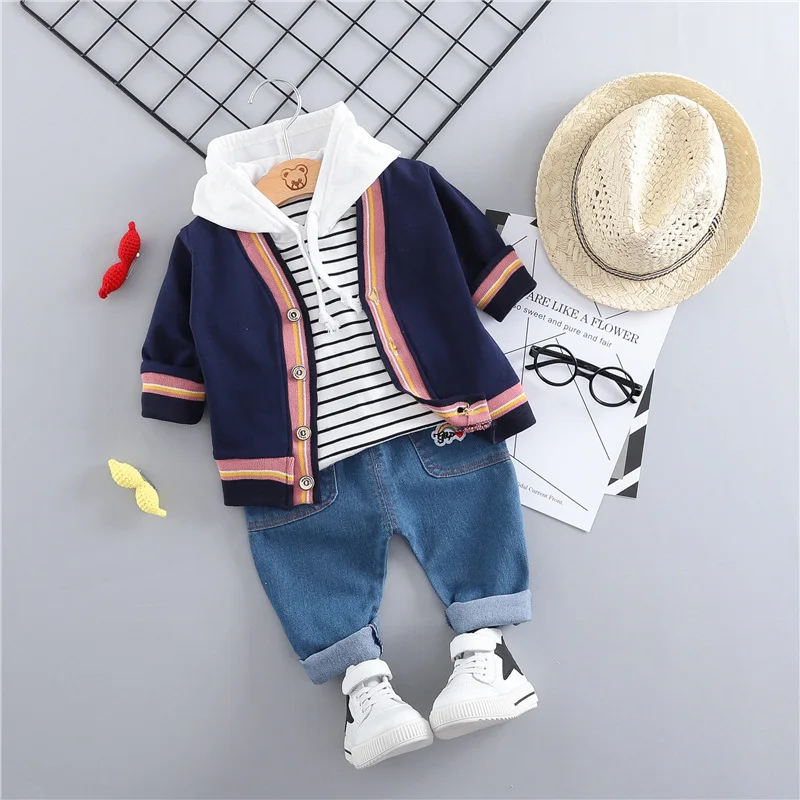 Toddler Boys Spring Autumn Clothing Set Fashion Cotton Striped Hooded Long Sleeve T-shirt+warm Coat+denim Pants 3pcs