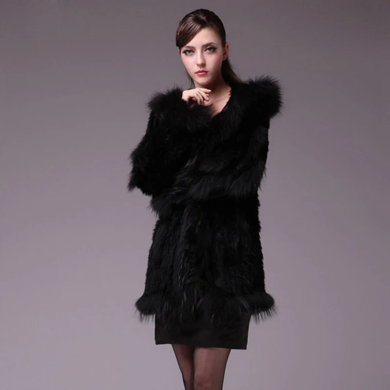Real Fur Coat With Hood 2023 lady knitted Real rabbit fur coat/ jacket/ outware with hood women belt long with tassels
