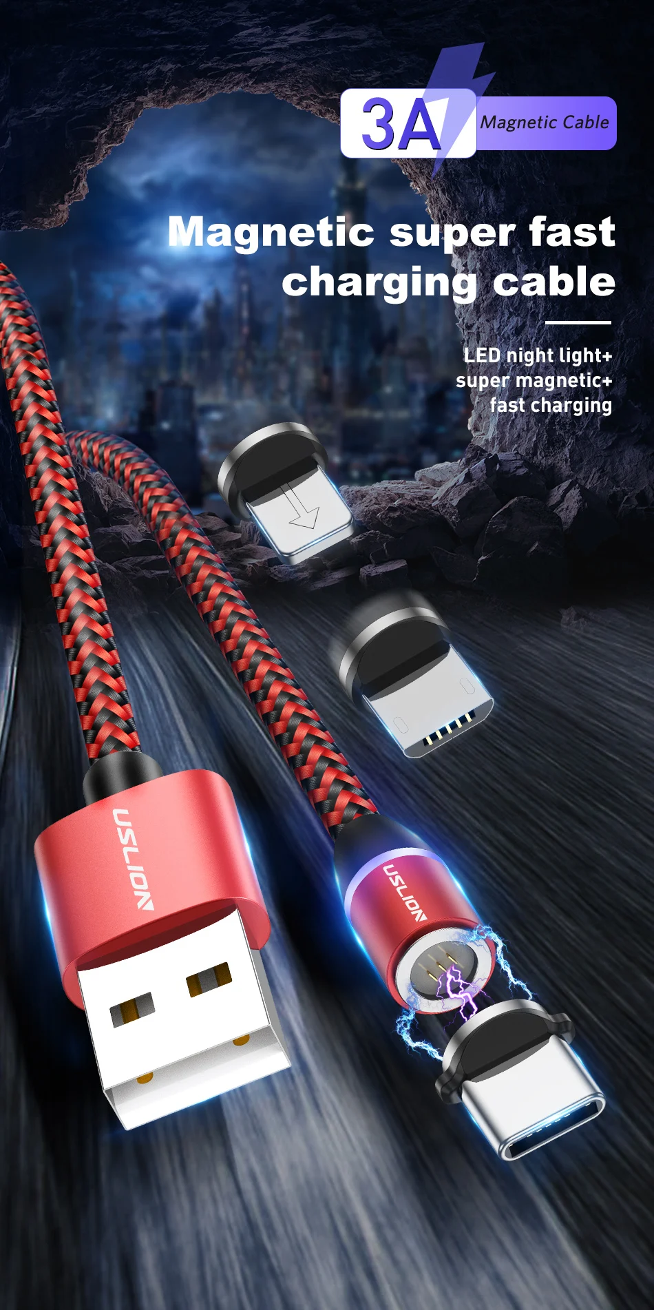 USLION 3а Магнитный кабель Micro usb type C кабель зарядное устройство для iPhone XS X 8 7 для samsung huawei type-c Магнитный кабель для быстрой зарядки