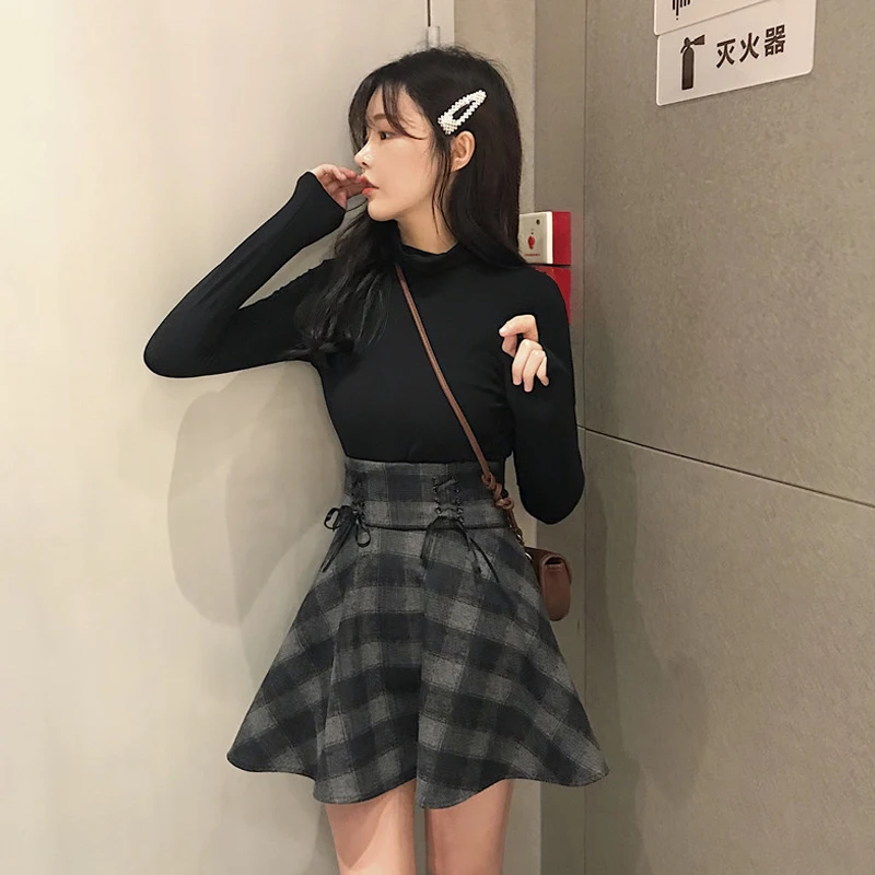 Faldas mujer moda 2018 осень зима harajuku черная твидовая юбка школьная Элегантная Женская