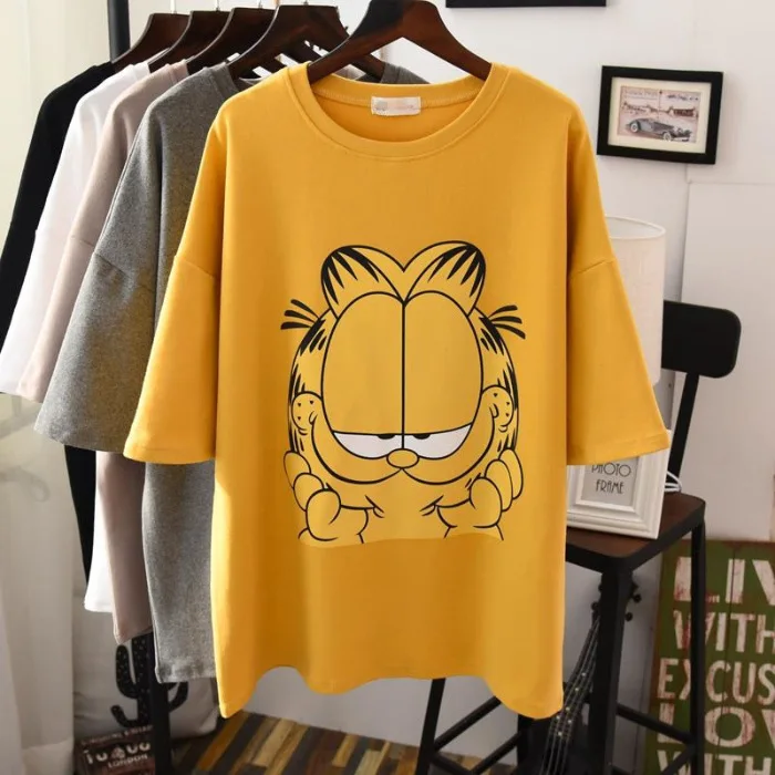 Yellow T-Shirt Новинка года; сезон весна-лето; милые свободные женские футболки с принтом кота из мультфильма для девочек; футболка с коротким рукавом; повседневные обтягивающие женские топы - Цвет: Yellow T-Shirt