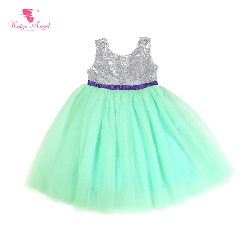Kaiya Angel Princess Wedding Party Girls Dress Summer Sleeveless White Sequins Apple Green Mesh Purple bow Spring clothes | Детская