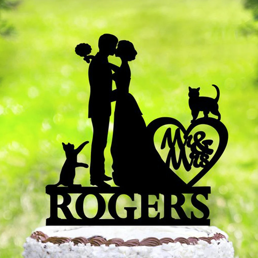 Personalized Wedding cake topper with cat,silhouette cake topper with two cats,Custom last name cake topper,Cats Wedding Party