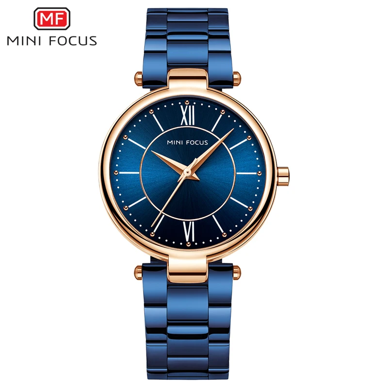 

MINI FOCUS Quartz Watches for Women Stainless Steel Simple Wristwatch for Lady Woman Waterproof Relogios Clock MF0189L Blue