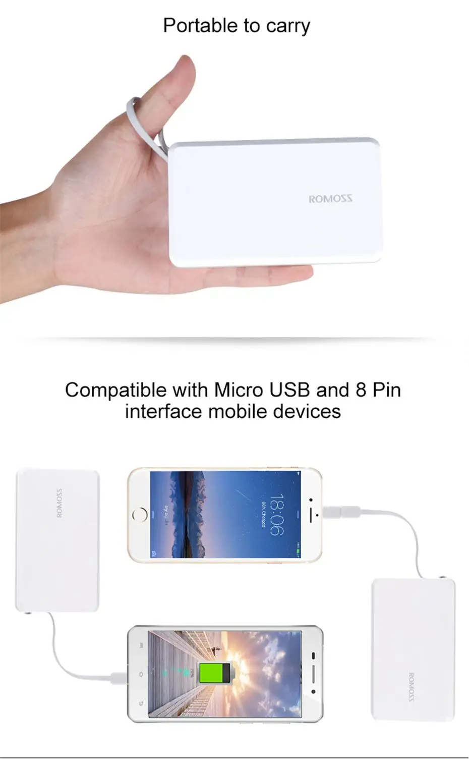 ROMOSS QS05 5000 мАч Внешний аккумулятор со встроенным кабелем Micro USB внешний аккумулятор Размер портативное зарядное устройство для iPhone