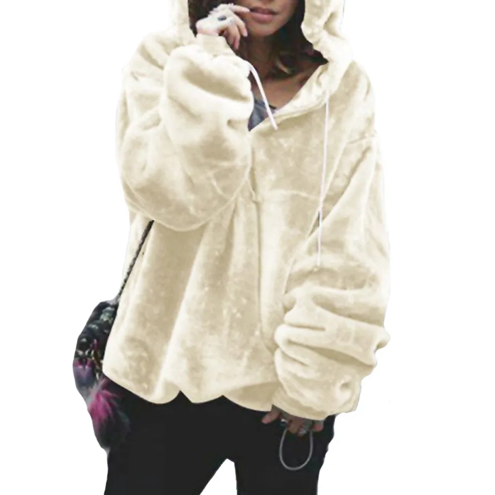 Hitmebox 2019 News Autumn Winter Fashion Women's Long Sleeve Casual Loose Fuzzy Warm Fleece Plus Size Hooded Outerwears Sweater | Женская