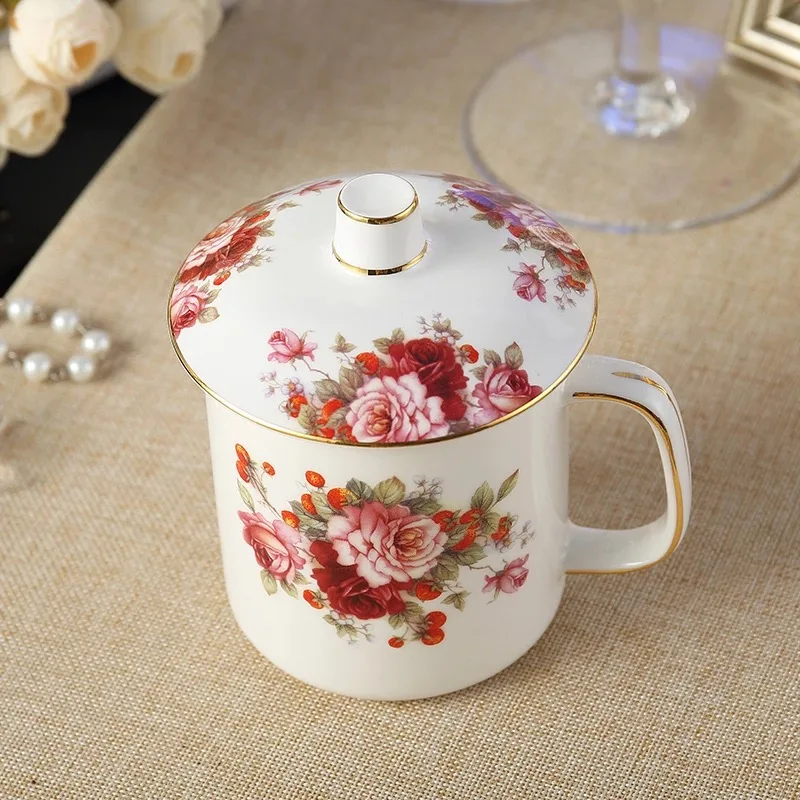 350 мл белая розовая чашка из твердого английского фарфора с крышкой и ложкой