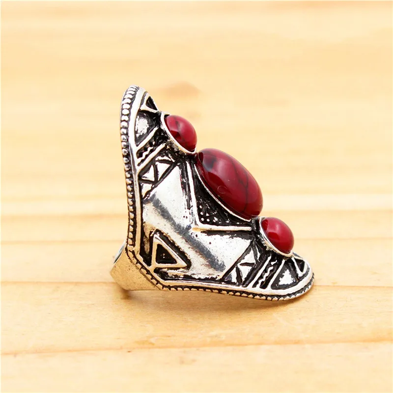 Винтаж три красных Камни кольцо для Для женщин Античная Посеребренная Модные