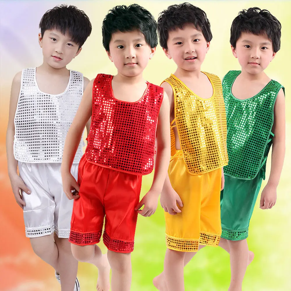 

Kids Boy Sequin Jazz Clothes Vest + Pants Costume Dance Dancewear Waistcoat Sequined Costumes NEW Stage Tops and Shorts