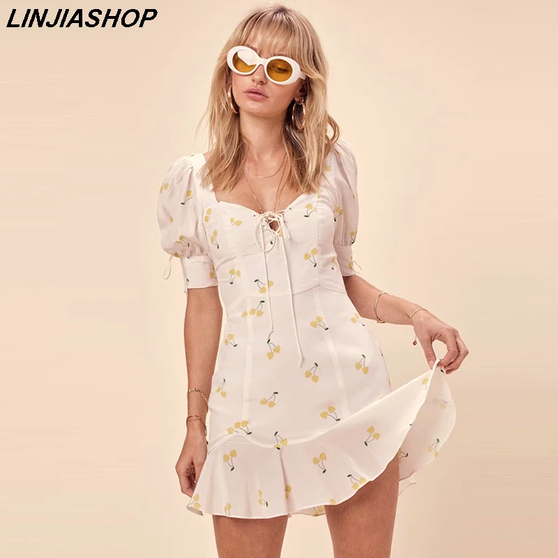 

Elegant vintage summer women white dress yellow cherry strap puff sleeve high waist lining silk-like beach mini dress girls