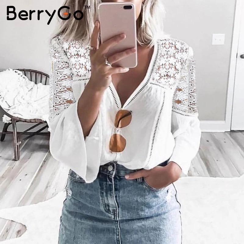 Женская кружевная блузка BerryGo элегантная шифоновая с v образным вырезом и