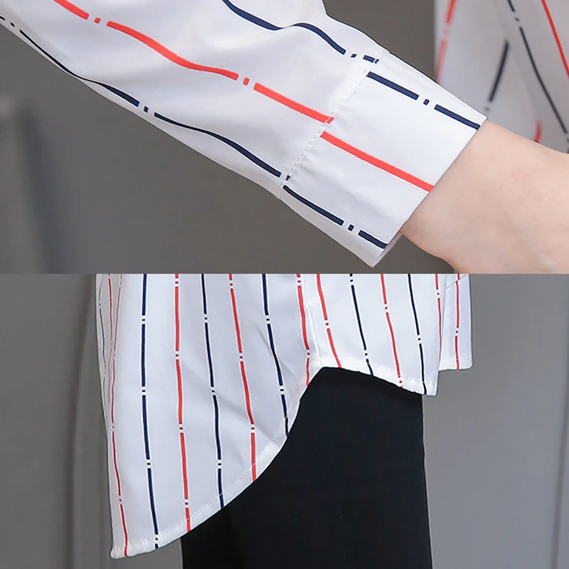 4xl длинная туника Модная рубашка Для женщин блузка 2019 Осень Белый полосатый