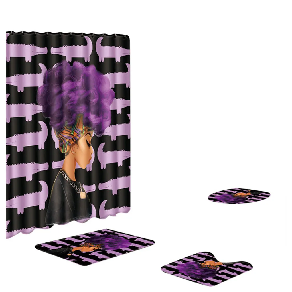 Ouneed 4PCS set Creative african girls prints Bathroom Shower Curtains set Non Slip pattern Toilet Shower curtains Cover Mat set