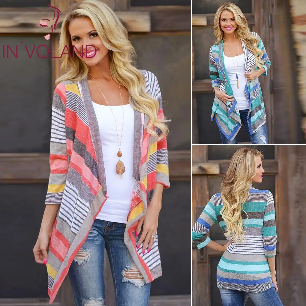 Women Cardigans Autumn Spring Casual 3/4 Sleeve Patchwork Asymmetry Hem Red Blue Long Cardigan Summer BOHO Beach Female |