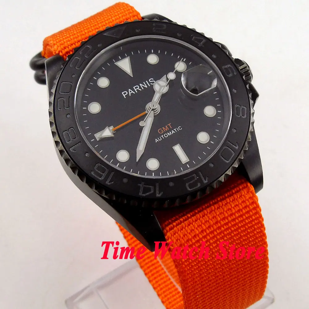 Parnis 40 мм GMT 3804 PVD чехол автоматические мужские часы с сапфировым стеклом черный циферблат светящийся керамический ободок красный нейлоновый ремешок 529