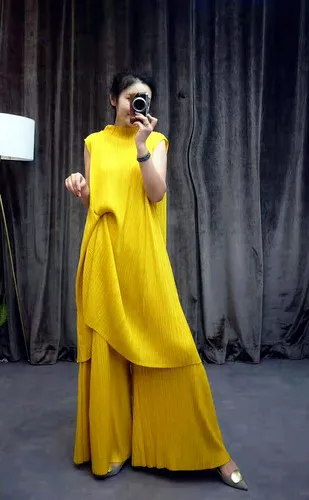 yellow SuperAen Модные женские двухсекционные новые летние модные повседневные топы без рукавов Большие Размеры европейские длинные штаны женские комплекты - Цвет: yellow
