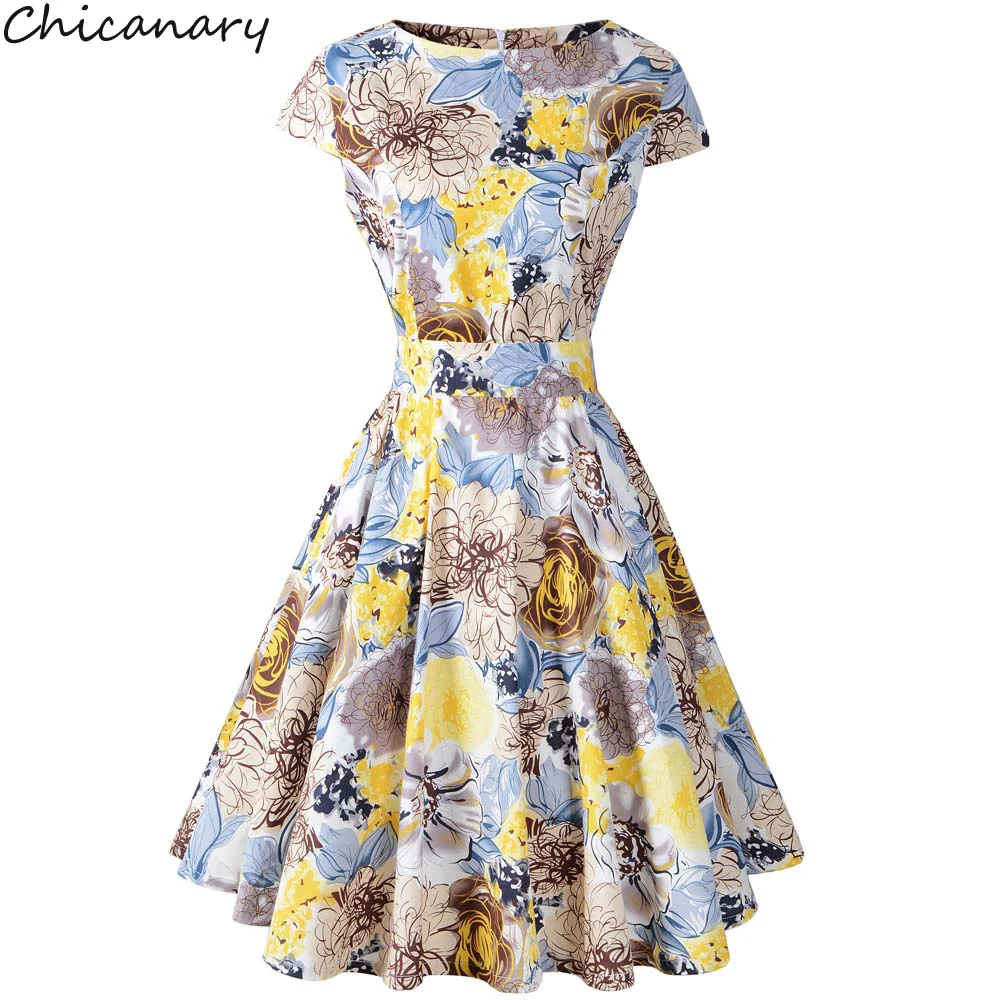 Chicanary Floral принт Для женщин 1950 s Винтаж Платья с коротким рукавом танцев хлопковое