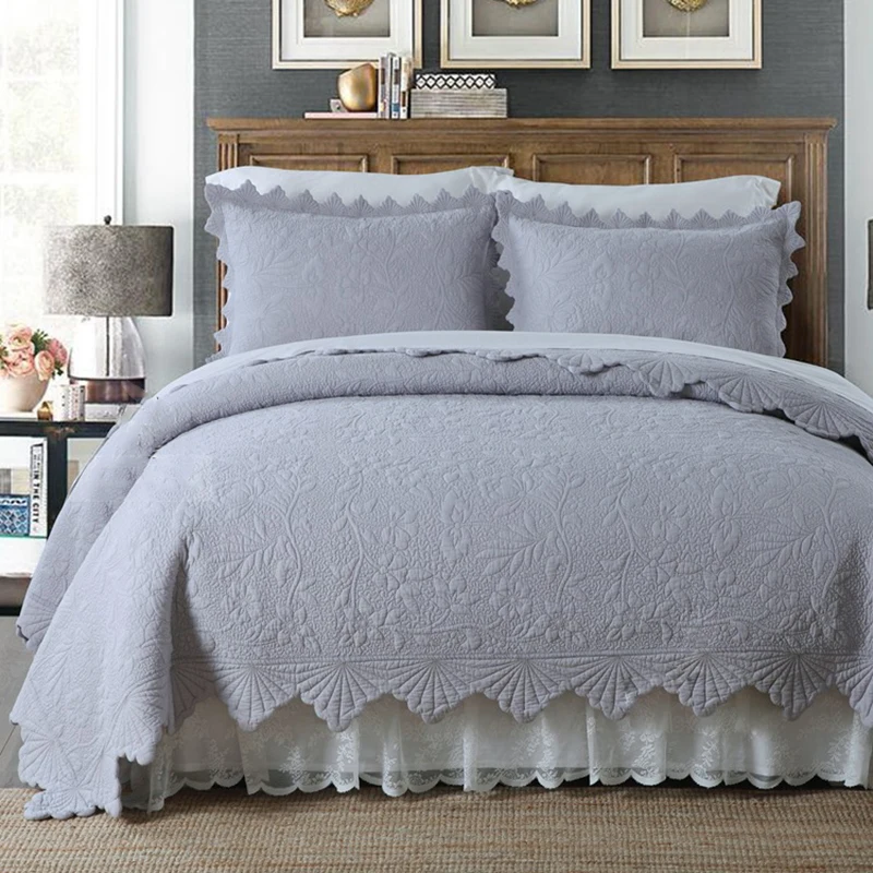 

Chic Embroidery 3pcs Cotton Quilted Bedspread Reversible Quilt Coverlet Set Ultra Soft Bed Cover Pillow shams Queen King size